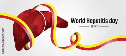 World Hepatitis Day - Long red and yellow ribbon awareness rolling around liver sign with world map texture vector design
