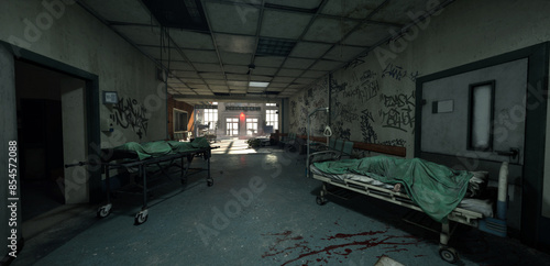 Obraz na plátně A haunting 3D illustration of an abandoned hospital ward, bathed in sunlight through broken windows in background, with graffiti and debris