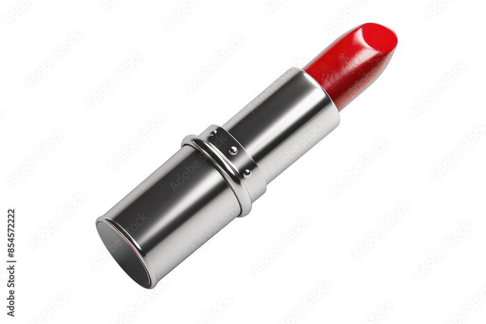 A sleek metallic tube of vibrant red lipstick, perfect for adding a bold touch to any makeup look. Isolated on white background. A sleek metallic tube of vibrant red lipstick, perfect for adding a bold touch to any makeup look. Isolated on white background.