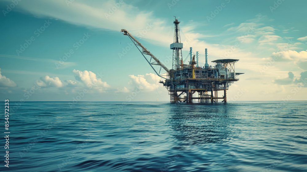 An offshore oil and gas platform stands tall against a backdrop of clear blue sky and fluffy white clouds, a testament to human ingenuity in extracting energy from the depths of the ocean An offshore oil and gas platform stands tall against a backdrop of clear blue sky and fluffy white clouds, a testament to human ingenuity in extracting energy from the depths of the ocean