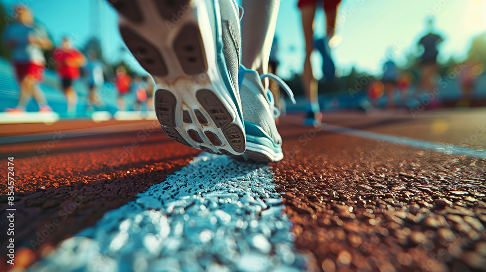 Fototapeta premium A close-up shot of a runners sneakers crossing the white line on a red track during a race