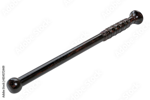 Black wooden baton isolated on white background. Traditional stick for ceremonies, defense, or performance. Glossy finish with engraved details.