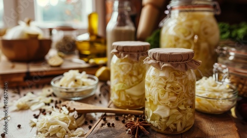 Sauerkraut in the making, glass jars filled with cabbage, fermentation preservation, rustic kitchen setup, detailed close-up photo