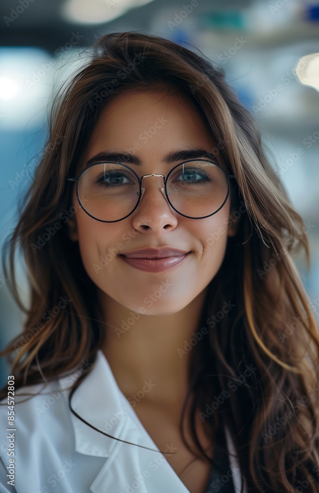 A young Hispanic woman in glasses and a lab coat smiles in a modern laboratory A young Hispanic woman in glasses and a lab coat smiles in a modern laboratory