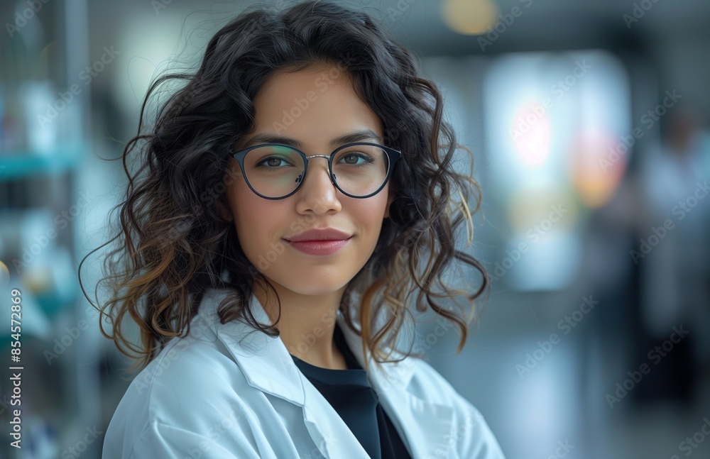 Fototapeta premium A young Hispanic woman in glasses and a lab coat smiles in a modern laboratory