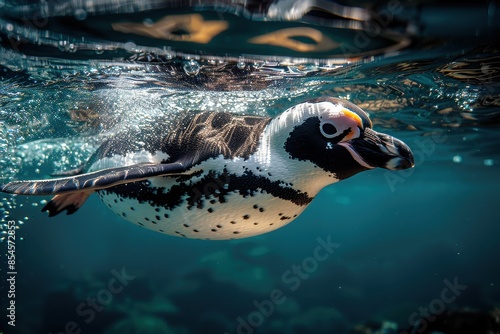 A Galapagos penguin swimming swiftly in crystal-clear waters, its small, streamlined body and distinctive black and white markings visible below the surface.