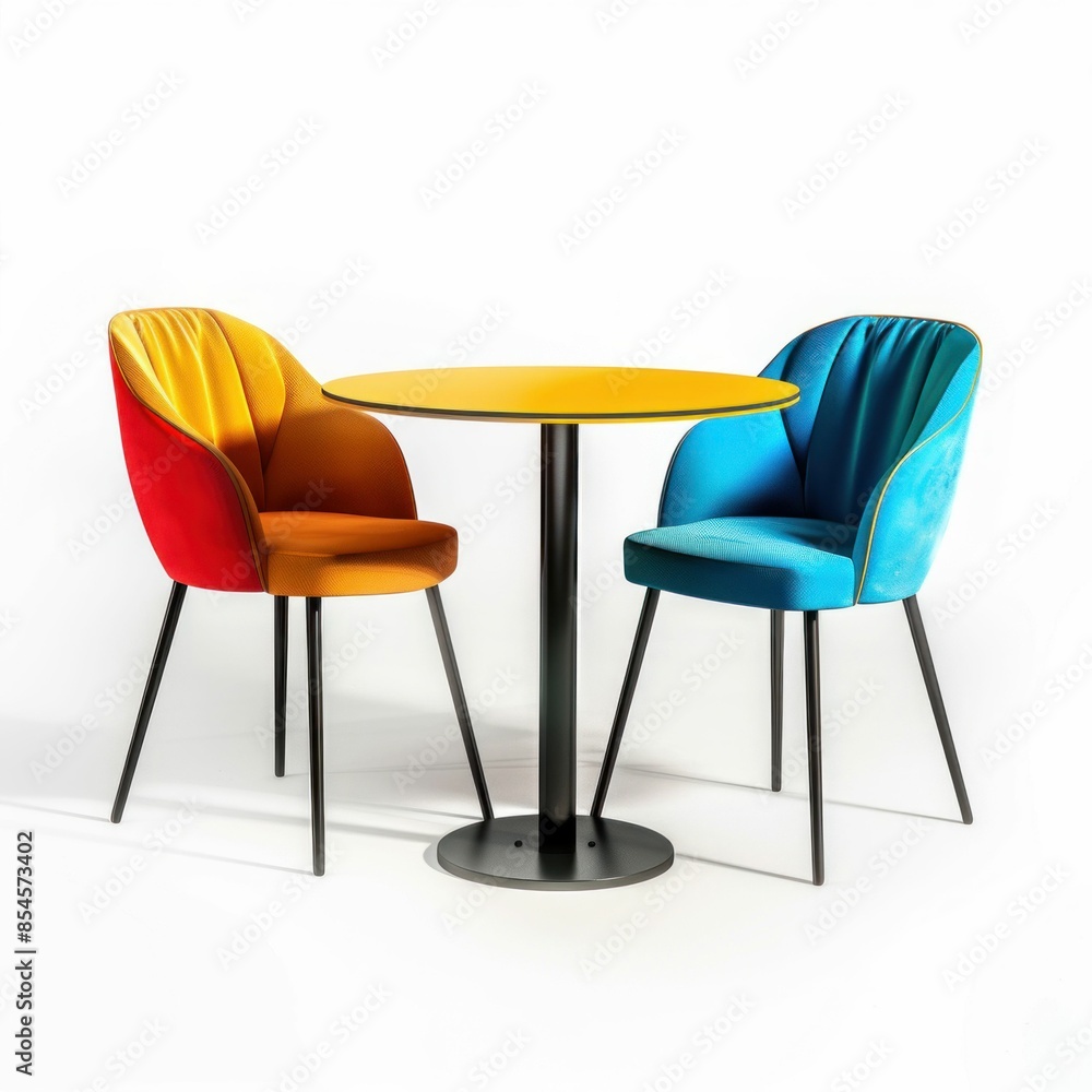 Obraz premium Colorful Chairs and Table Set with Coffee Mugs. Generative ai