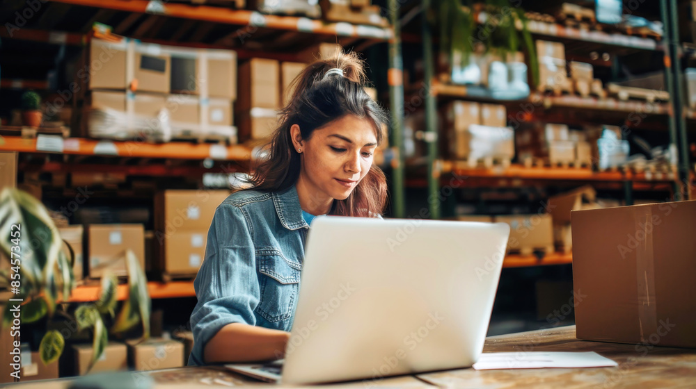 A warehouse worker sits at a table in front of a laptop, carefully reviewing and managing orders. A warehouse worker sits at a table in front of a laptop, carefully reviewing and managing orders.