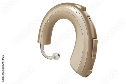 Digital beige hearing aid isolated on white background. Assistive listening device for people with hearing loss.