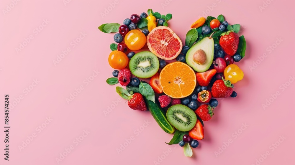 Vibrant heart made of fruits and vegetables on a pink backdrop Vibrant heart made of fruits and vegetables on a pink backdrop