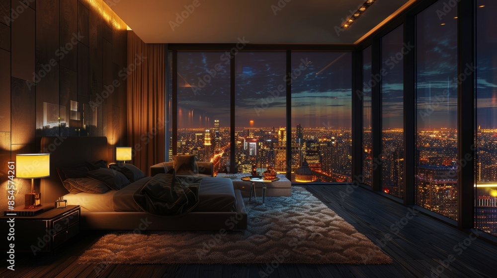 Modern bedroom with city view, cozy lighting, stylish furnishings, and elegant decor Modern bedroom with city view, cozy lighting, stylish furnishings, and elegant decor