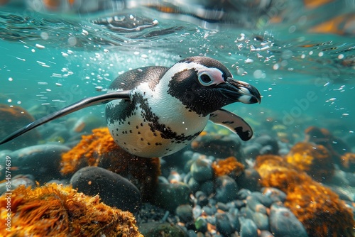 A Galapagos penguin swimming swiftly in crystal-clear waters, its small, streamlined body and distinctive black and white markings visible below the surface.