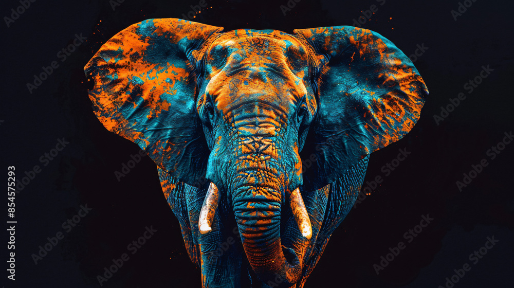 Obraz premium abstract digital painting of an elephant on a black background, using orange and blue colors, in a dark art style, fantasy concept art depicted at a giant scale