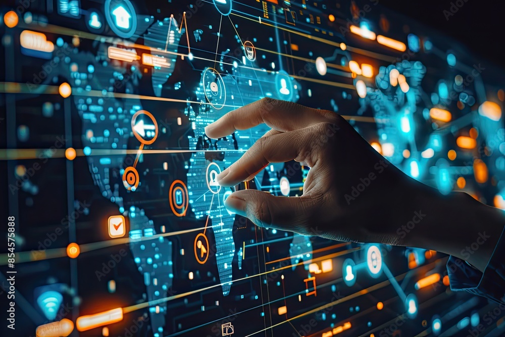 Businessman Touching On Global Network With Technology Icons, Generative AI Businessman Touching On Global Network With Technology Icons, Generative AI