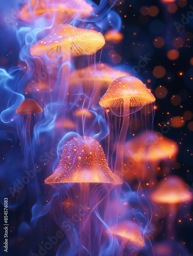 Colourful Glowing Mushrooms, Bioluminescent Alien Species. Magic Forest, Mysterious Vibe, Vibrant Psychedelic Art, Surreal Dream. Trance Trip Soul Music. Postcard, Print, Poster, Album Cover