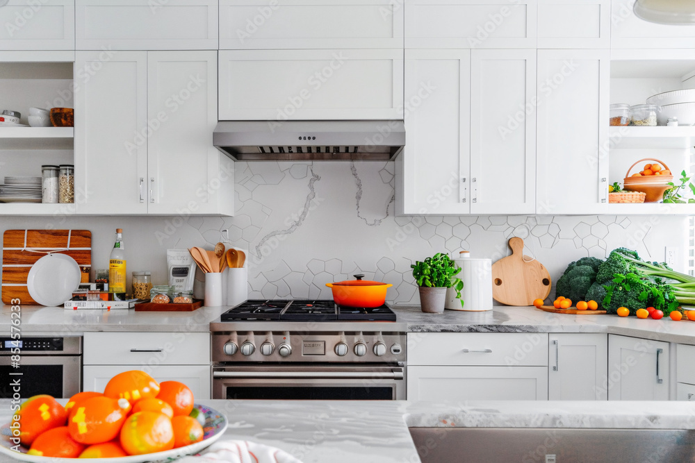 Modern kitchen with sleek appliances cooking ingredients Modern kitchen with sleek appliances cooking ingredients