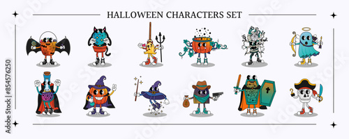 Set of Halloween groovy cartoon characters. Vector illustration with cute characters in retro style