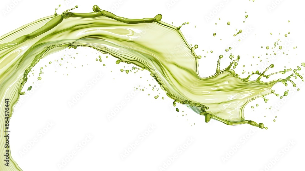 Flowing green matcha green tea on white background. Flowing liquid of green drink. Flowing green matcha green tea on white background. Flowing liquid of green drink.