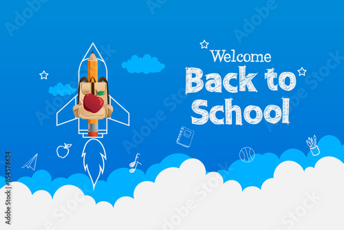 welcome back to school with sky background. pencil and bag with rocket through the clouds