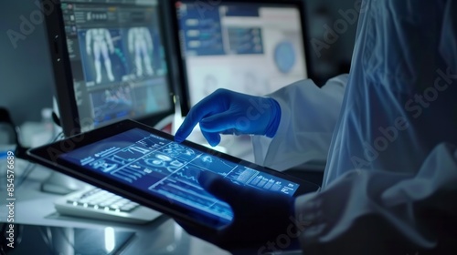 Medicine doctor is working with modern tablet computer and virtual interface