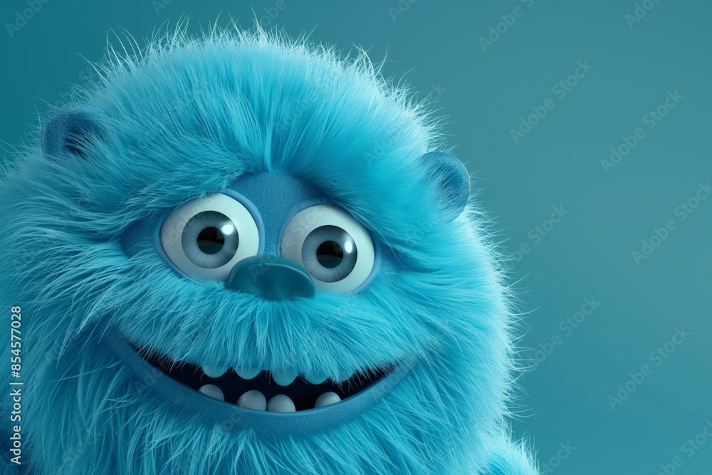 Obraz premium Close-Up of Cute Light Blue Fluffy Monster with Big Eyes on Teal Background. Perfect for Halloween and children's designs.