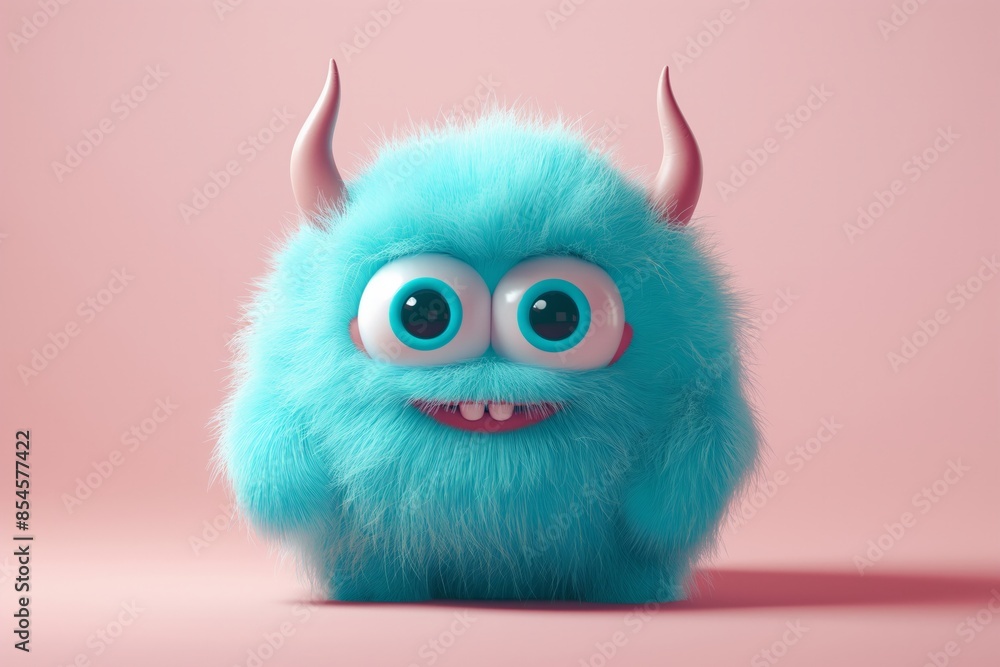 Fototapeta premium Adorable Blue Fluffy Monster with Big Eyes and Horns on Pink Background. Ideal for Halloween and children's designs.