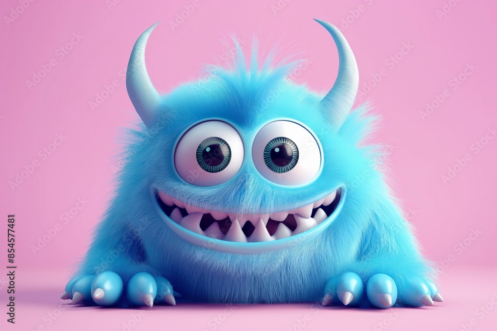 Cute Blue Monster with Horns and Big Eyes on Pink Background. Ideal for Halloween and children's designs. Cute Blue Monster with Horns and Big Eyes on Pink Background. Ideal for Halloween and children's designs.