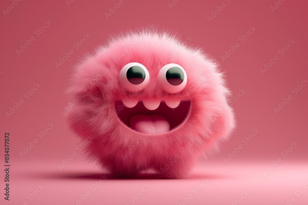 Cute Pink Fluffy Monster with Big Eyes on Pink Background. Perfect for children's designs and Halloween themes.