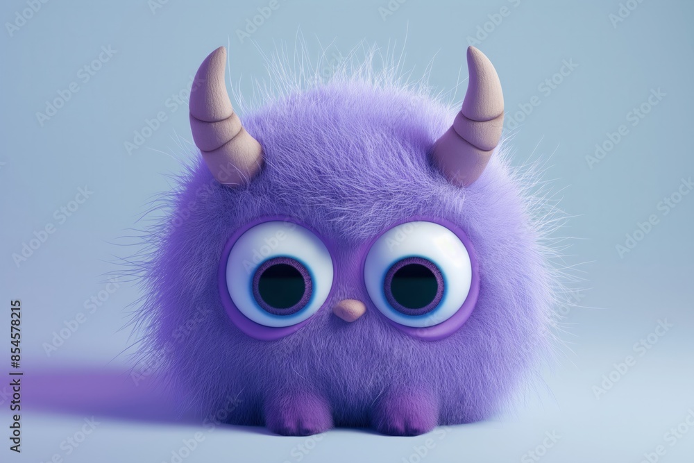 Fototapeta premium Cute Purple Fluffy Monster with Big Eyes and Horns on Light Blue Background. Perfect for Halloween and children's designs.