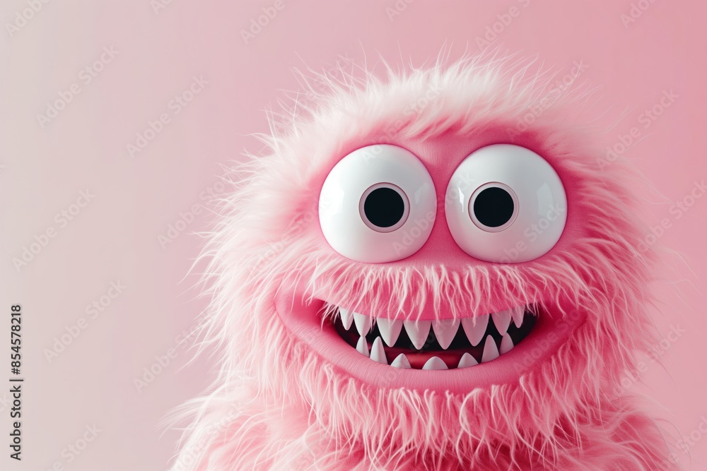 Cute Pink Fluffy Monster with Big Eyes on Pink Background. Perfect for children's designs and Halloween themes. Cute Pink Fluffy Monster with Big Eyes on Pink Background. Perfect for children's designs and Halloween themes.