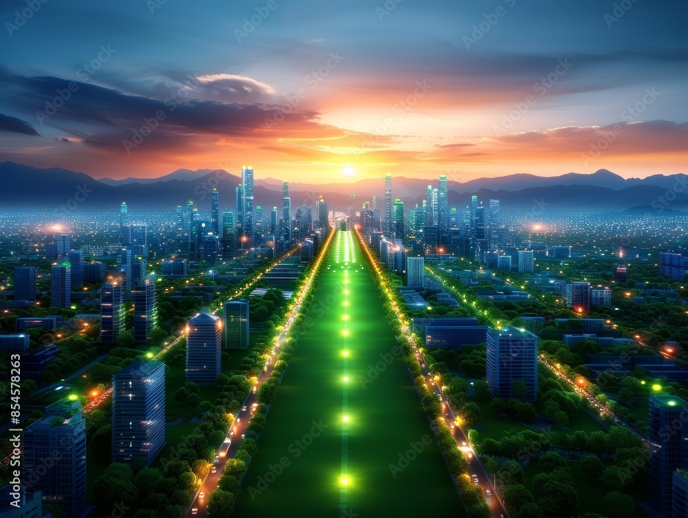 Fototapeta premium A stunning sunset over a futuristic cityscape with illuminated pathways and towering skyscrapers, blending nature with urban development.