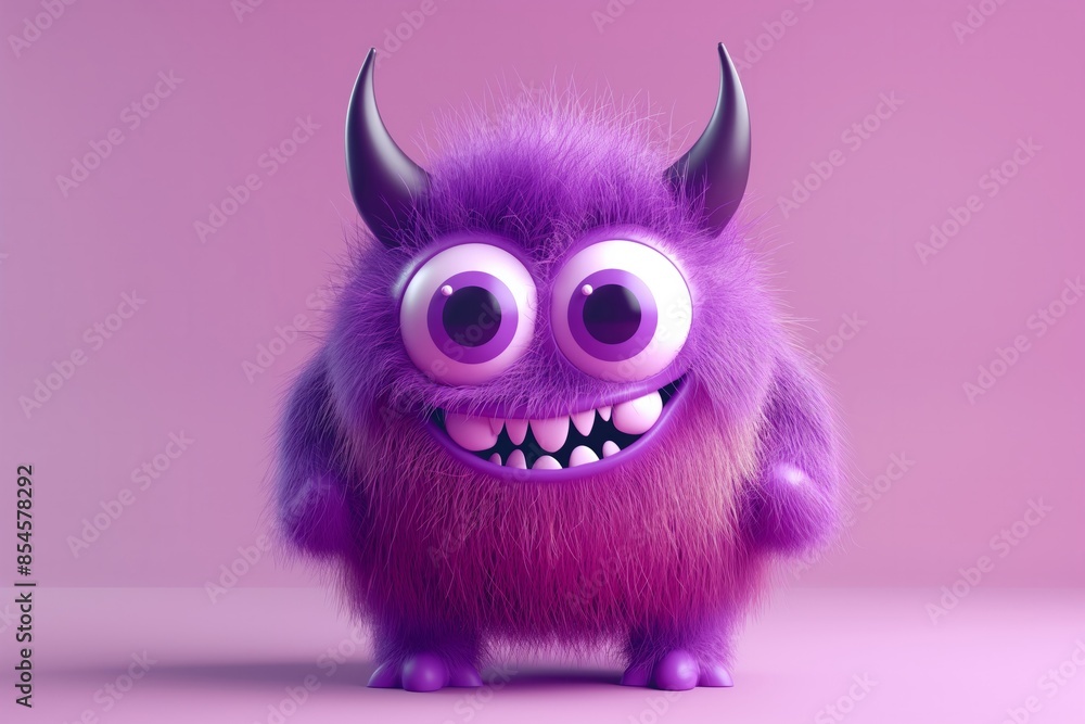Cute Purple Fluffy Monster with Big Eyes and Horns on Pink Background. Perfect for Halloween and children's designs. Cute Purple Fluffy Monster with Big Eyes and Horns on Pink Background. Perfect for Halloween and children's designs.