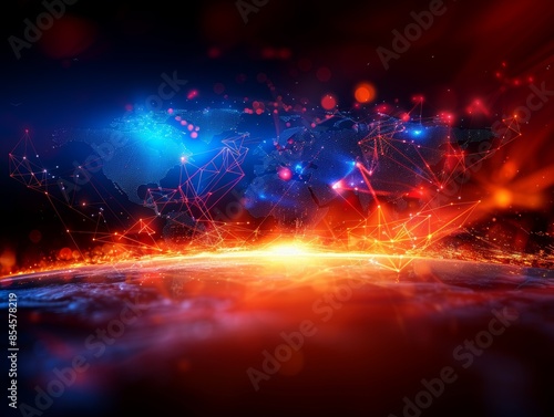 A stunning digital illustration of a futuristic global network connecting continents with glowing red and blue lines. © Narongsak