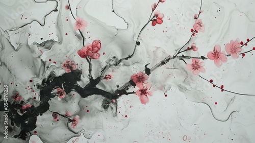Fototapeta Naklejka Na Ścianę i Meble -  Oriental plum blossom watercolor landscape