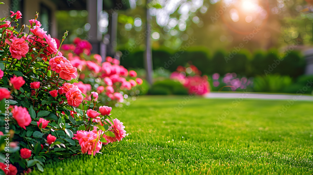 Beautiful landscape design with a rose bush and various flowers on a green lawn. 