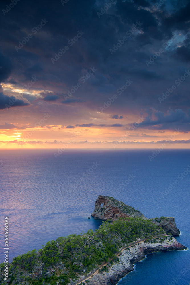 sunset at Sa Foradada, Natural area of the Serra de Tramuntana., Majorca, Balearic Islands, Spain sunset at Sa Foradada, Natural area of the Serra de Tramuntana., Majorca, Balearic Islands, Spain
