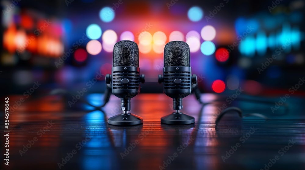 Close-up of two microphones on a table with colorful blurred lights in the background, creating a vibrant and modern ambiance. Close-up of two microphones on a table with colorful blurred lights in the background, creating a vibrant and modern ambiance.