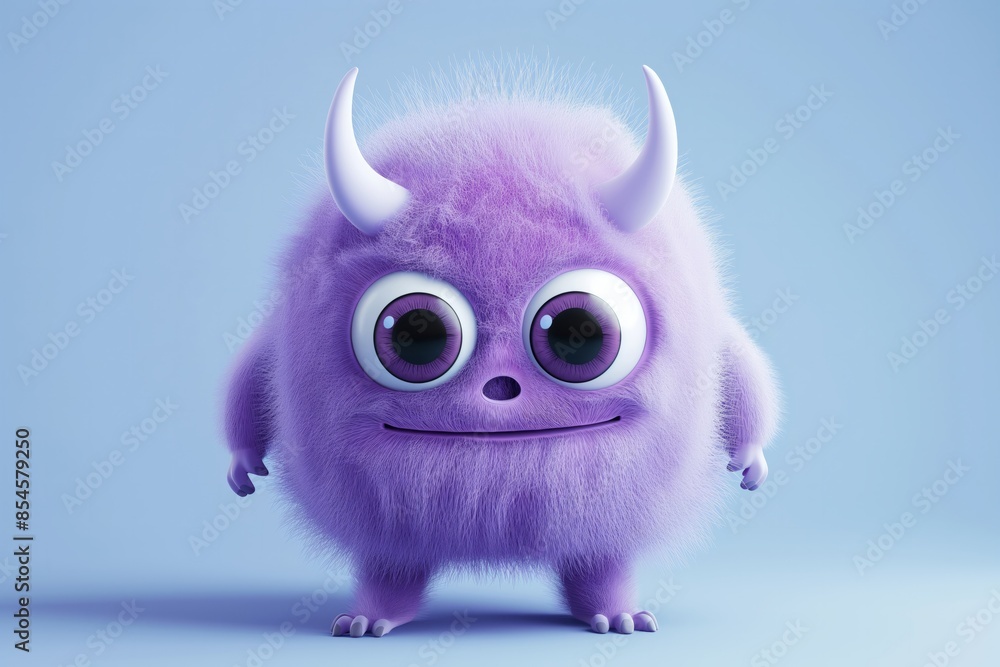 Fototapeta premium Adorable Purple Fluffy Monster with Horns and Big Eyes on Light Blue Background. Ideal for Halloween and children's designs.