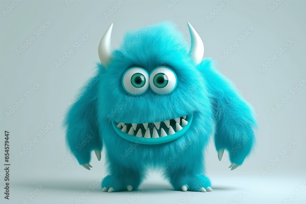 Cute Blue Fluffy Monster with Horns and Big Eyes on Light Blue Background. Perfect for Halloween and children's designs. Cute Blue Fluffy Monster with Horns and Big Eyes on Light Blue Background. Perfect for Halloween and children's designs.