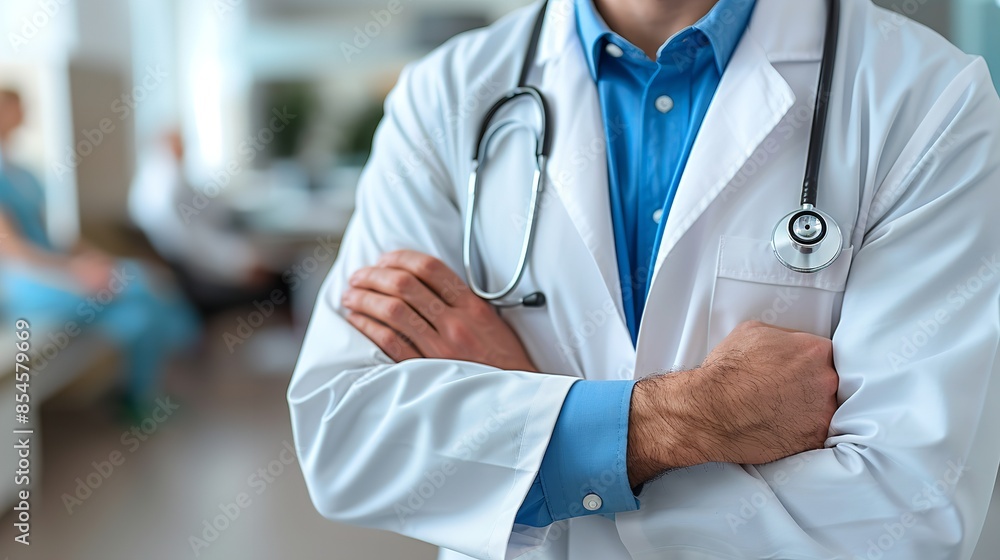A doctor in a white coat stands with arms crossed in a hospital setting A doctor in a white coat stands with arms crossed in a hospital setting