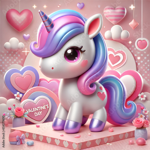 The unicorn features a playful and charming expression, with a pastel color palette including shades of pink, purple, and blue. It has a glossy, smooth finish