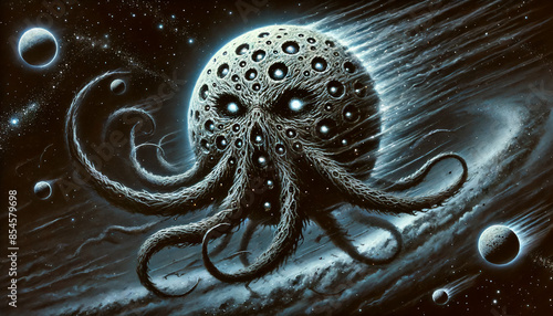 The entity is a horrifying creature with thousands of tentacles and eyes, surrounded by black smoke. The scene is dark and eerie, with the creature's eyes 