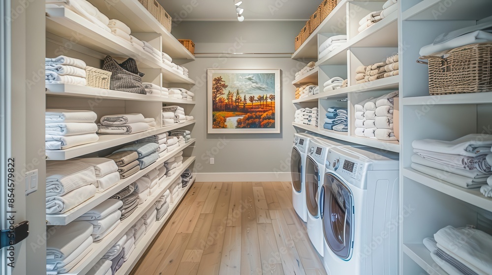 Laundry room with folded clothes, organized shelves, clean and tidy, bright lighting, fresh and orderly atmosphere, oil painting Laundry room with folded clothes, organized shelves, clean and tidy, bright lighting, fresh and orderly atmosphere, oil painting