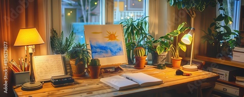 Cozy home office, wooden desk, potted plants, open notebook, warm lighting, tranquil and productive atmosphere, watercolor