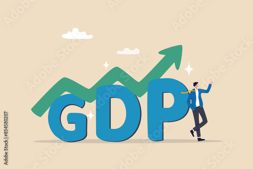 GDP Gross domestic product, import or export for country revenue growth, stock market profit value, annual percentage value report concept, businessman stand with GDP word and growing graph and chart.