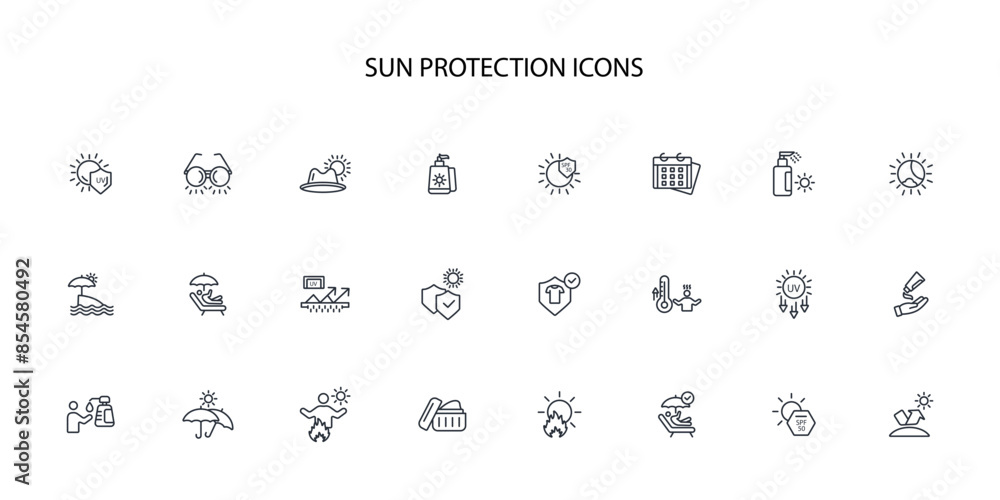 Sun protection icon set.vector.Editable stroke.linear style sign for use web design,logo.Symbol illustration. Sun protection icon set.vector.Editable stroke.linear style sign for use web design,logo.Symbol illustration.