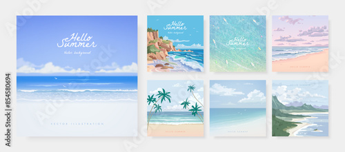 Set of beautiful summer tropical beach sea resort background design template for poster, flyer, web banner, cover, booklets and greeting card. Vector illustration