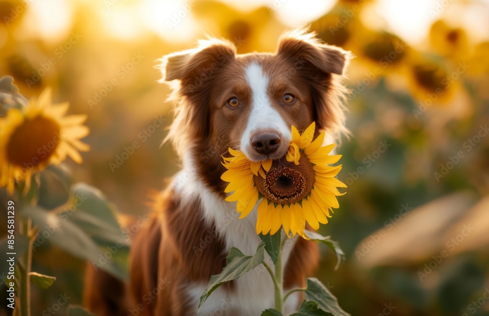 Fototapeta premium Australian Shepherd with Sunflower - Dog Holding Flower in Field