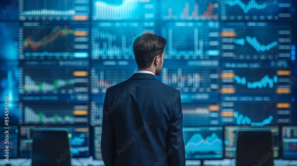 Businessman Analyzing Stock Market Data - A businessman in a suit analyzing stock market data on multiple screens in a modern office. Ideal for themes of finance, investment, and business analysis.