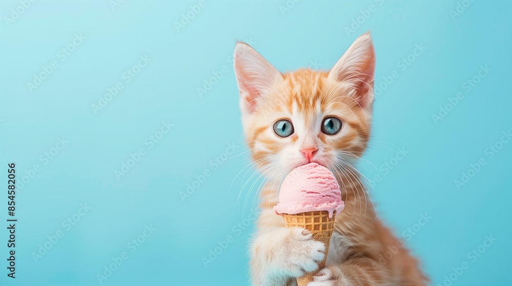 Cute ginger kitten holding an ice cream cone, blue background. Cute ginger kitten holding an ice cream cone, blue background.